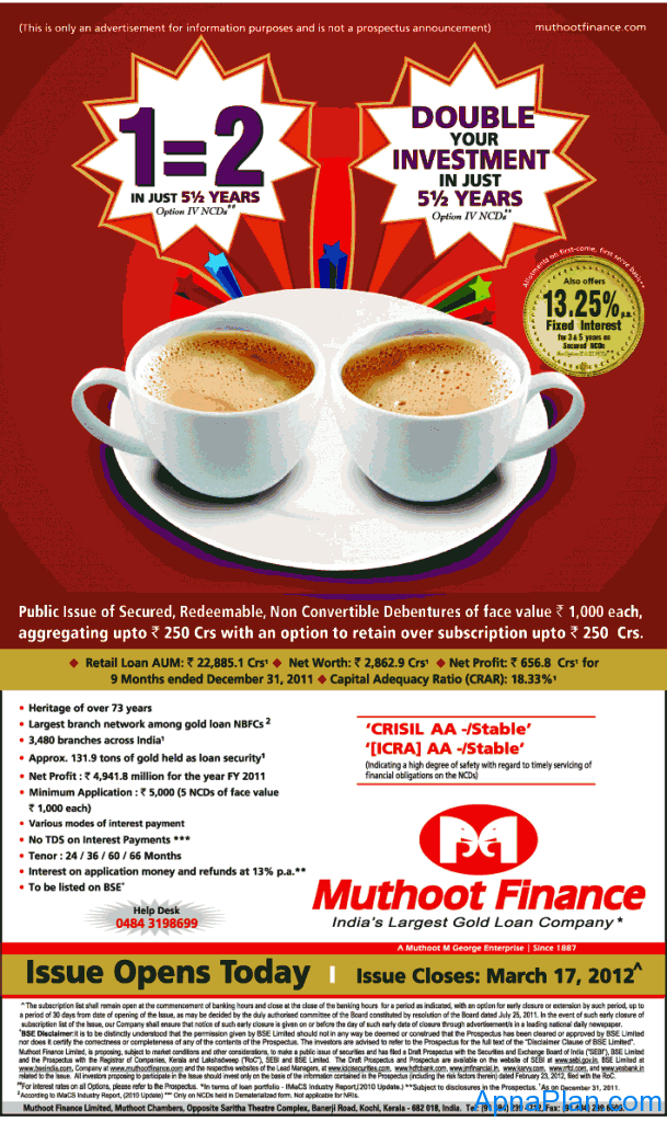 Muthoot finance NCD offer March 2012