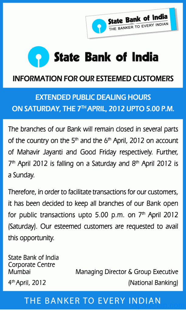 SBI Extended working hours in April