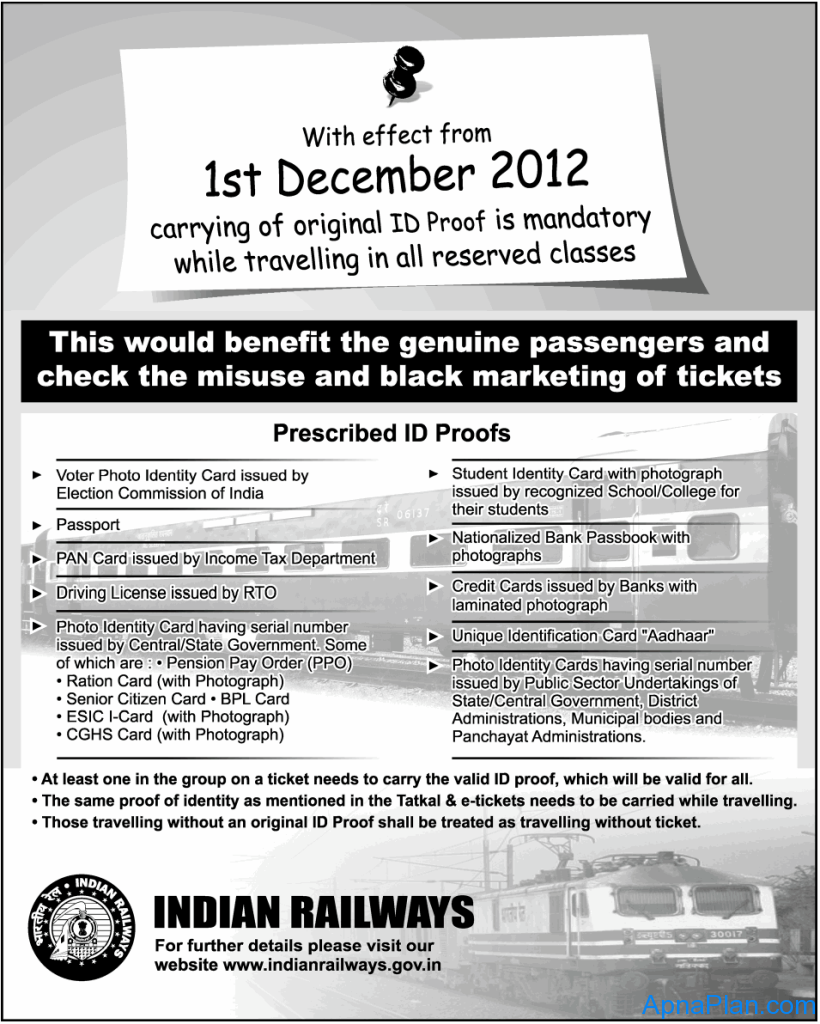 ID proof for travelling in Indian Railway