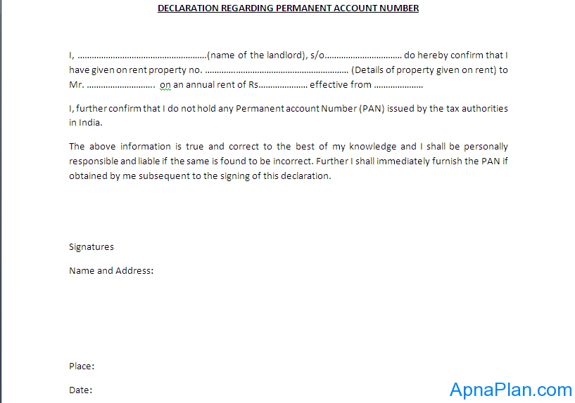 PAN Card declaration from Landlord