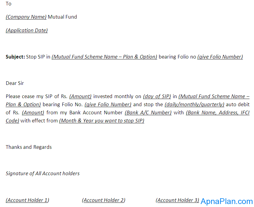 Application to Stop SIP in Mutual Fund
