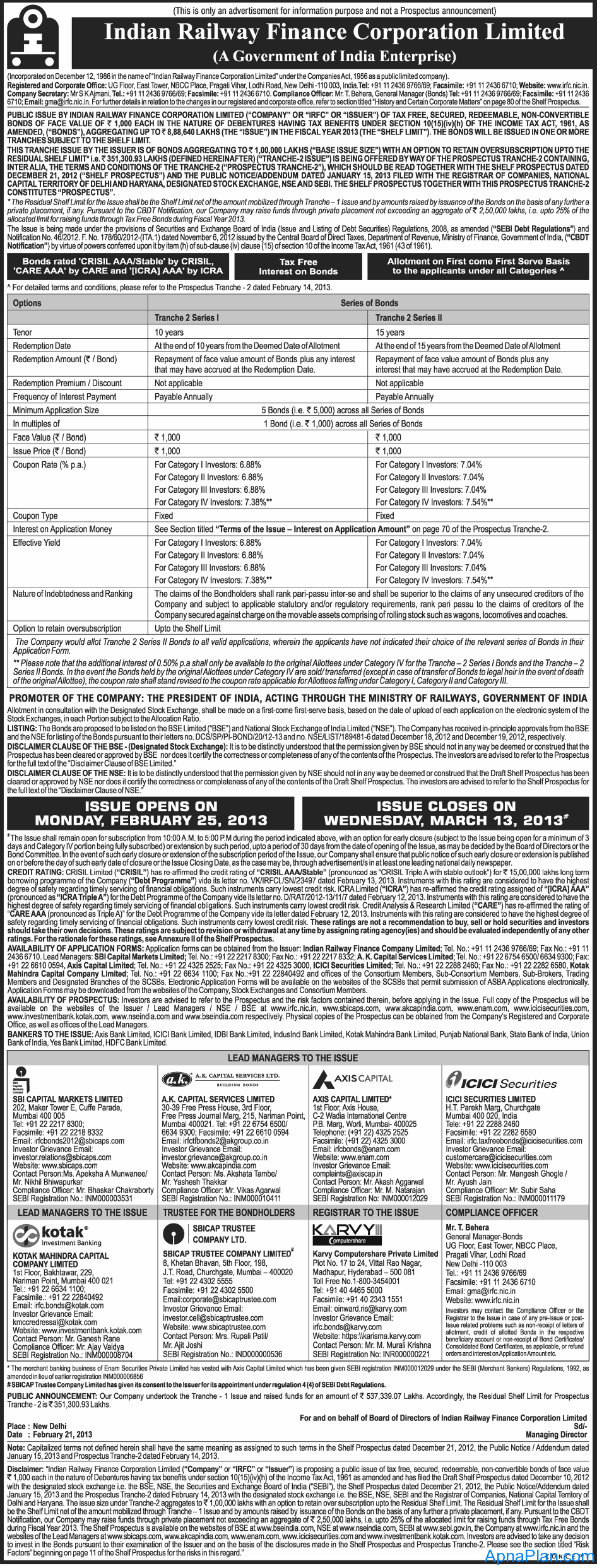 IRFC Tax Free Bonds (Tranche- II) 2013