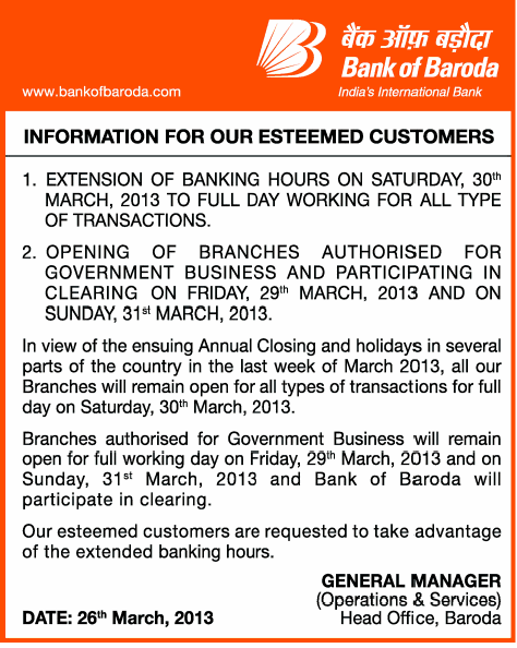 Bank of Baroda Bank Timing for March 29-31