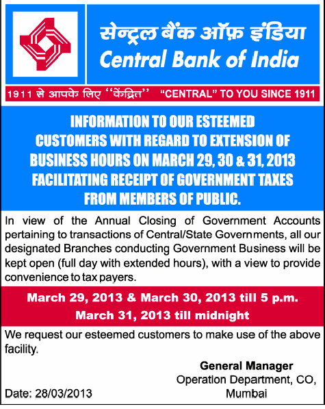 Central bank of India Timing for March 29-31