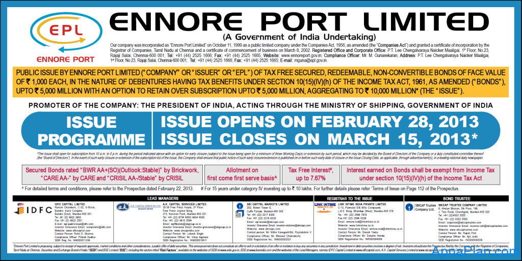Ennore Port Ltd Tax Free Bonds - March 2013 - Review 1 Ennore Port Ltd Tax Free Bonds