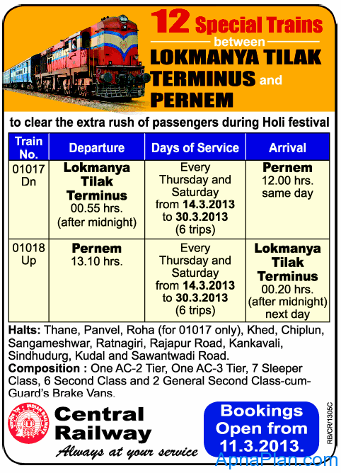 Holi Special Trains 2013 - Central Railways