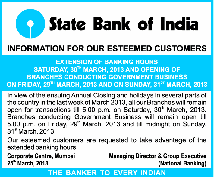 Most Banks to Remain Open on March 29, 30 and 31 1 SBI Timing for March 29-31.png