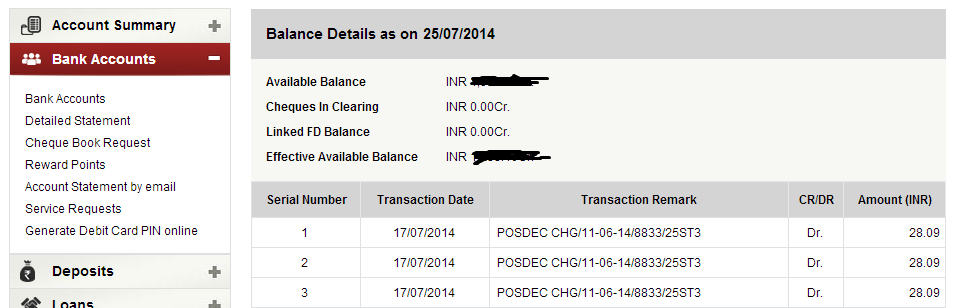 ICICI Bank - 3 Consecutive Charges POSDEC CHG of Rs 28.09 as Description