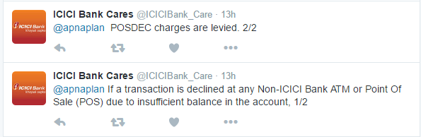 ICICI Bank POSDEC Charges Twitter Reply
