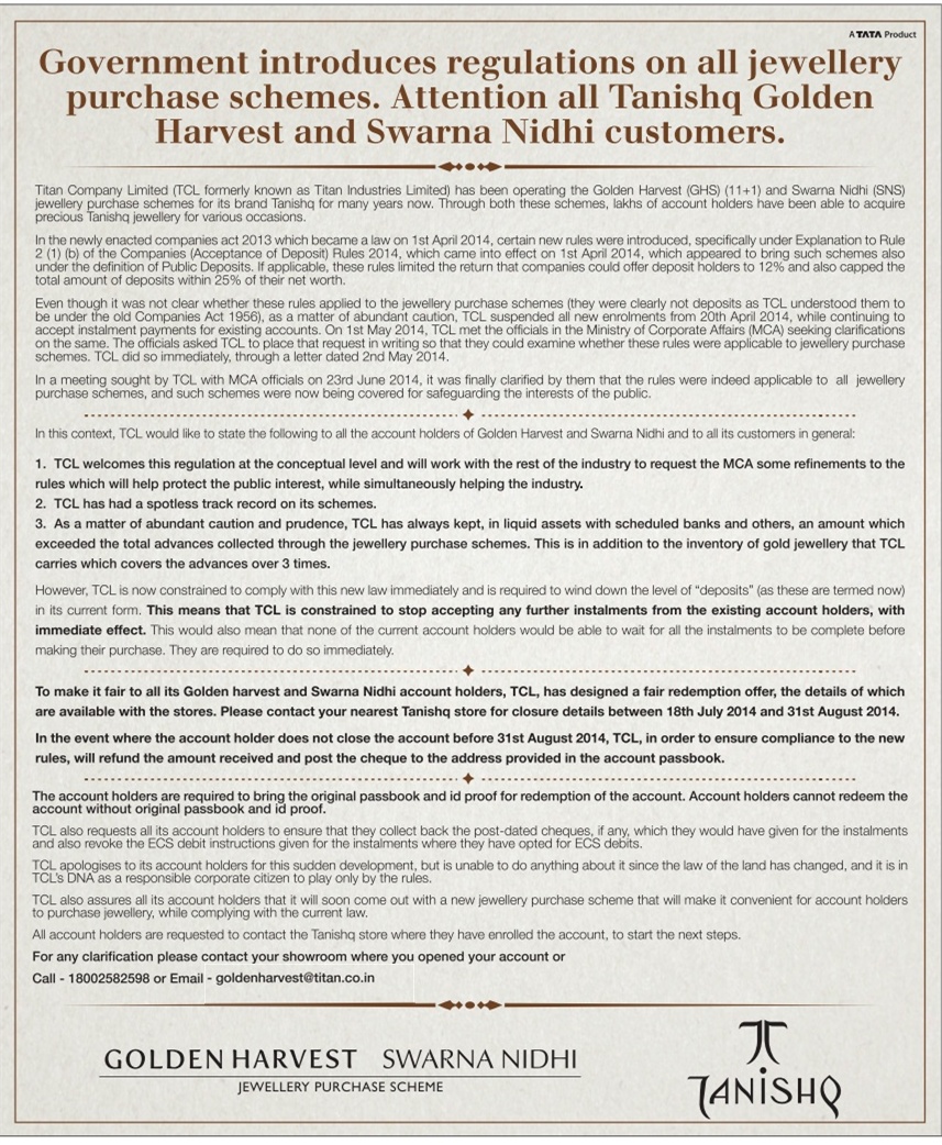 Tanishq Golden Harvest and Swarna Nidhi Scheme Closure Notice