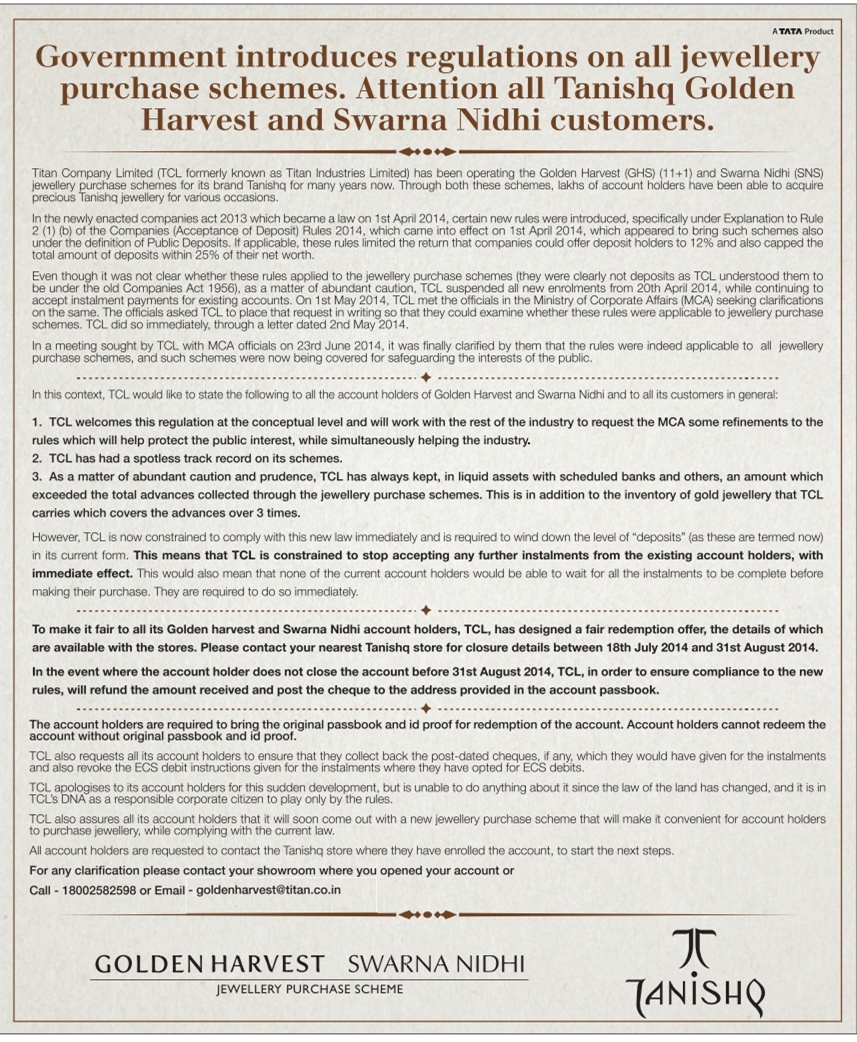 The End of Gold Saving Schemes 2 Tanishq Golden Harvest and Swarna Nidhi Scheme Closure Notice