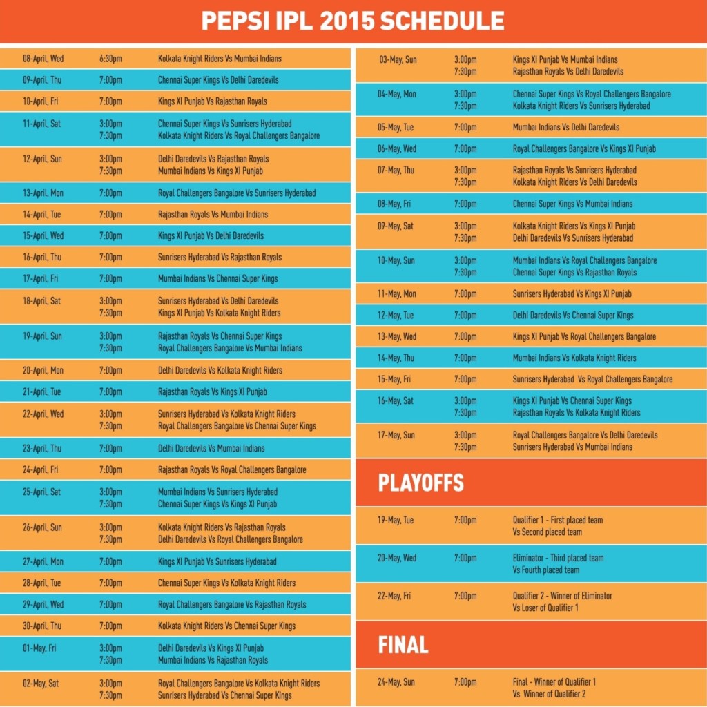 Pepsi IPL 2015 Schedule