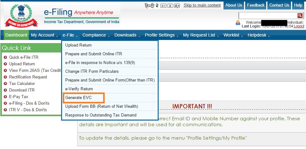 EVC generation through income tax return filing website