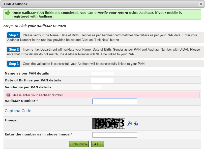 Linking Aadhaar Number with PAN Card