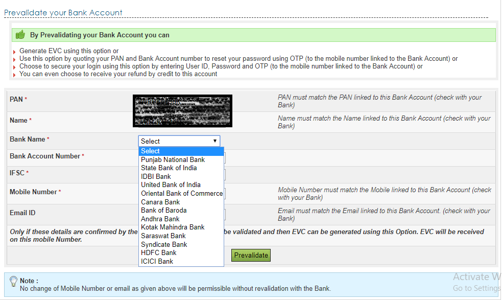 Prevalidate your Bank Account - Bank List aand Form