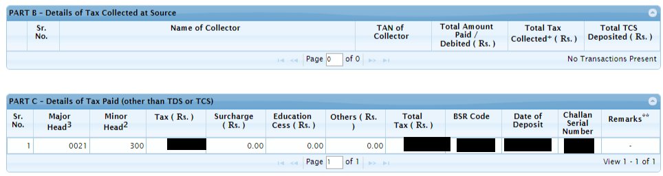 Form 26AS - PART C - Advance Tax or Self Assessment Tax