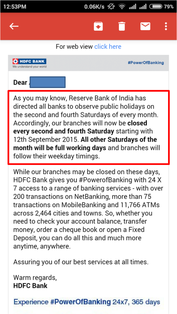 HDFC Bank Message - Branches to be Closed on Second and Fourth Saturday