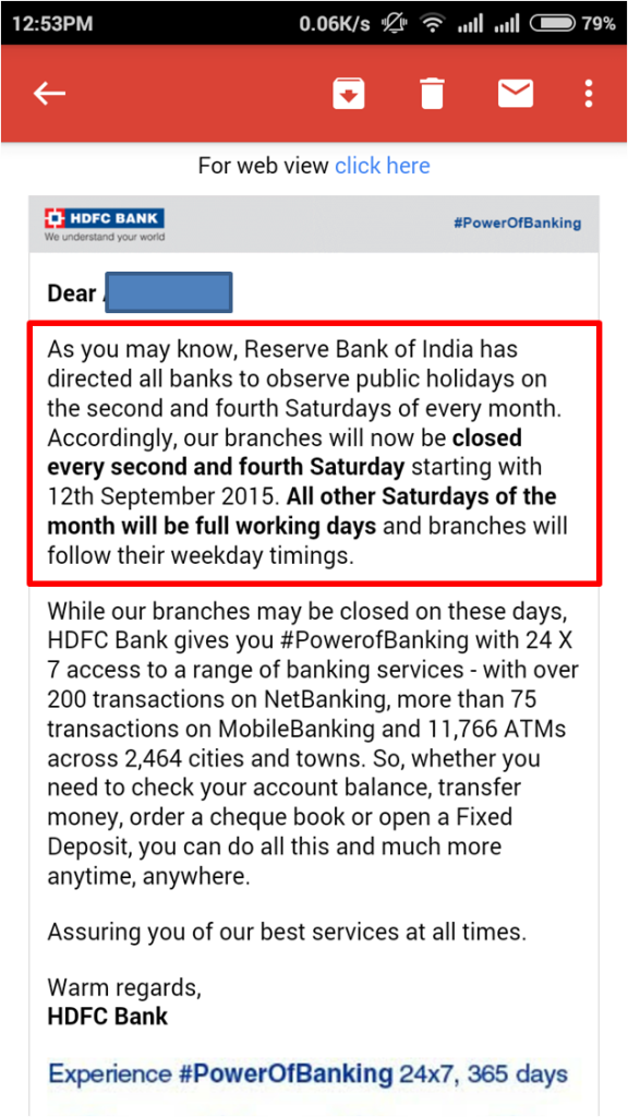 Banks| NEFT| RTGS to be closed on Second and Fourth Saturday 1 HDFC Bank Message - Branches to be Closed on Second and Fourth Saturday