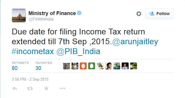 Ministry of Finance Tweet – Extension of due date for filing Income Tax Return 2015