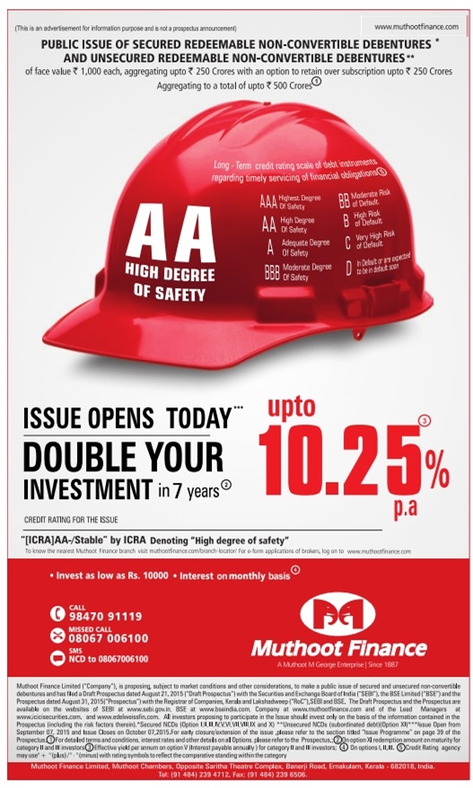 Muthoot Finance NCD - September/October 2015 Advertisement