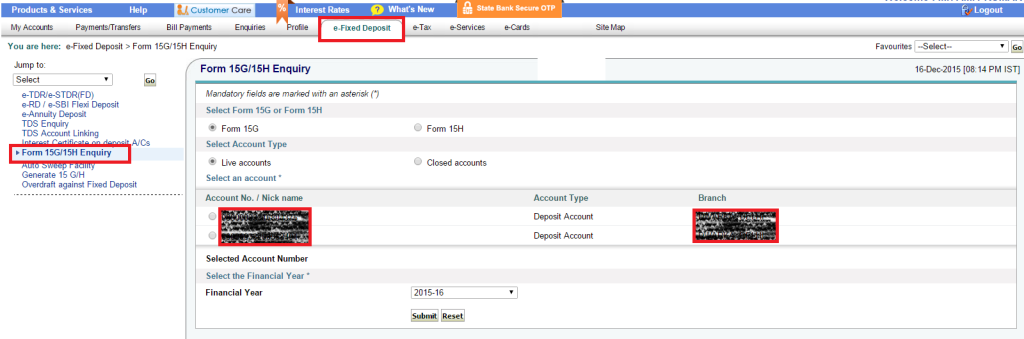 Fill 15G and 15H Forms Online in SBI