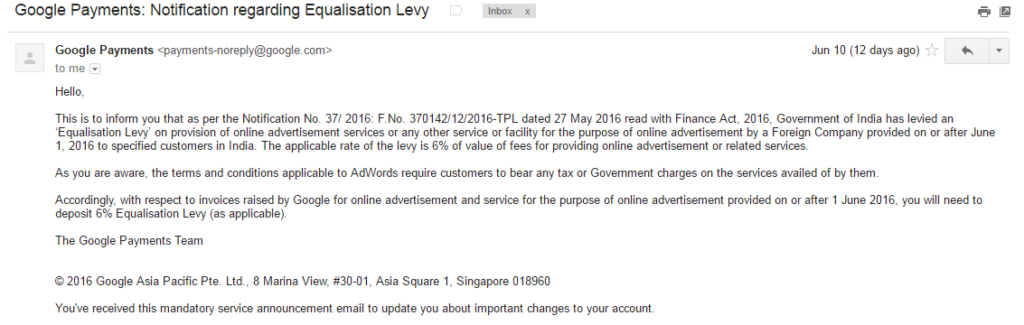 Google Payments - Notification regarding Equalisation Levy
