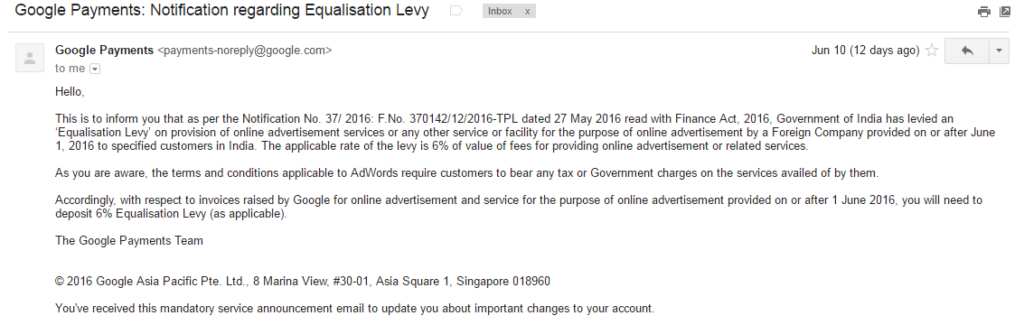 9 Changes in Tax Laws in June 2016 3 Google Payments - Notification regarding Equalisation Levy