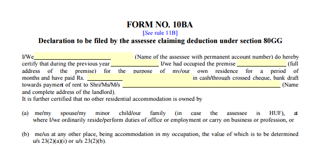 Form 10BA to claim Tax deduction on Rent paid - Section 80GG