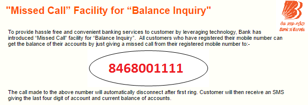 Bank of Baroda Missed Call banking Number