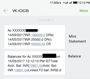 ICICI Bank Missed Call Banking SMS