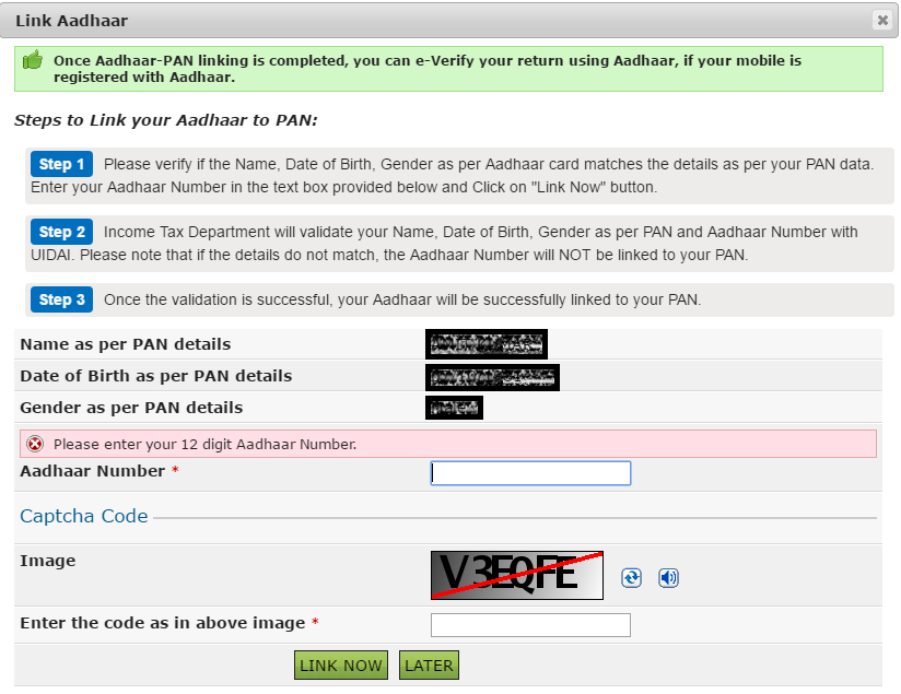 Link PAN to Aadhaar - popup on Income Tax Website