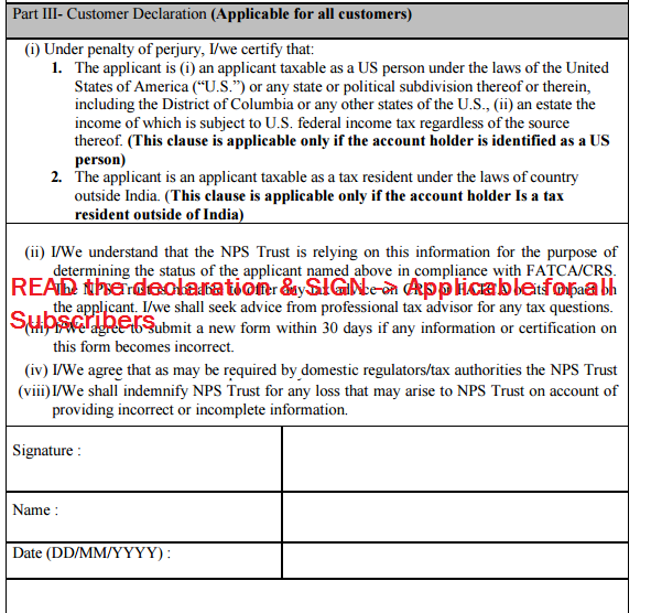 How to Submit FATCA declaration for NPS to prevent it from getting Blocked? 6 NPS FATCA Self Declaration Form - Part III