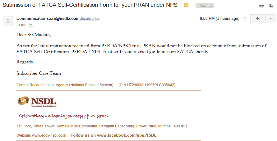 Submission of FATCA Self-Certification Form for your PRAN under NPS - Account NOT to be blocked