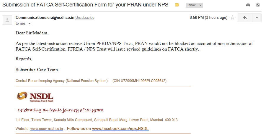 How to Submit FATCA declaration for NPS to prevent it from getting Blocked? 3 Submission of FATCA Self-Certification Form for your PRAN under NPS - Account NOT to be blocked