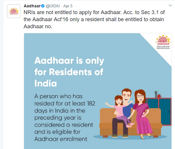 UIDAI tweet - NRIs are NOT eligible for Aadhaar