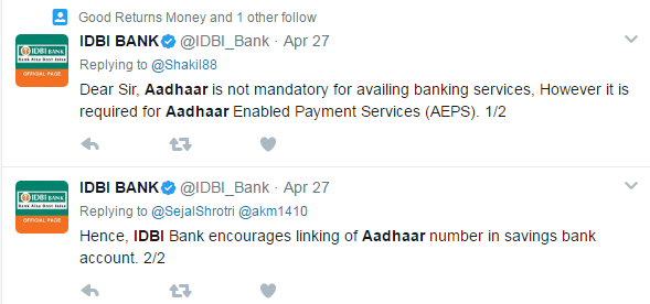 IDBI Bank response if Aadhaar is mandatory
