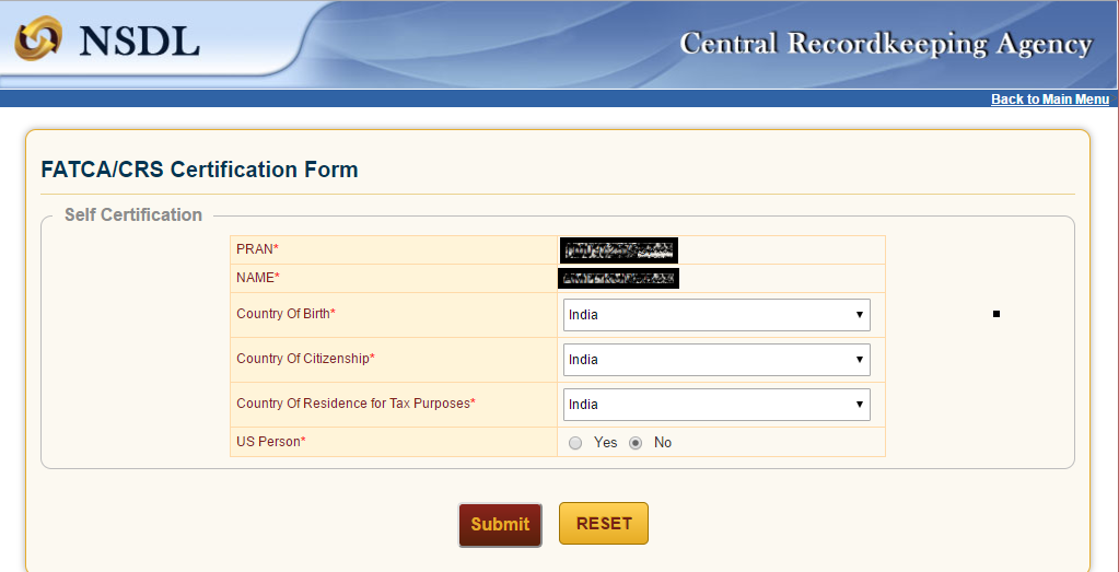Submit FATCA Declaration for NPS (PRAN) Online 3 NPS FATCA Online Form