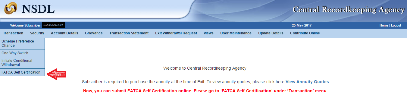 Submit FATCA Declaration for NPS (PRAN) Online 2 NPS FATCA Online Menu