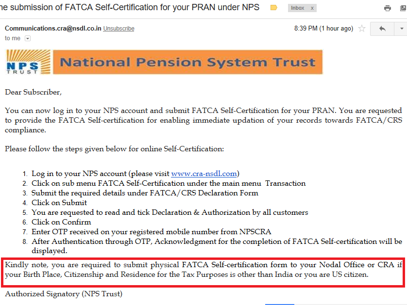 NPS FATCA Online Self Declaration email