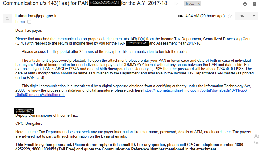 Communication u/s 143(1)(a) for PAN XXXxxxxxXX for the A.Y. 2017-18