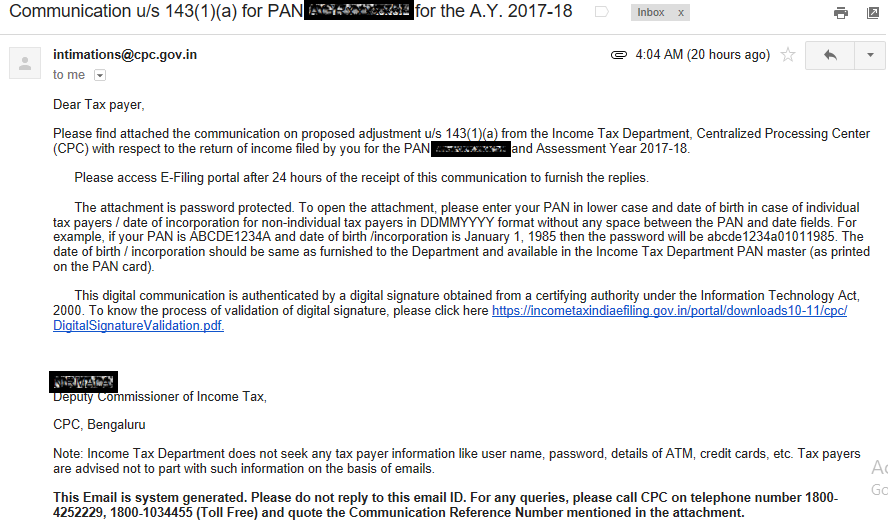 Received Communication u/s 143(1)(a) for PAN XXXxxxxxXX for the A.Y. 2017-18