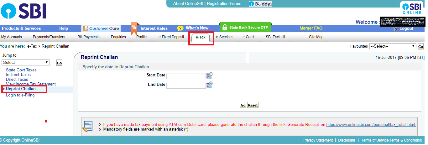 SBI - Reprint Tax Challan - Form 280