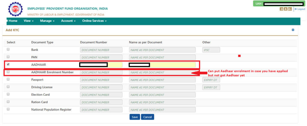 Link Aadhaar to UAN EPF - Screen 3