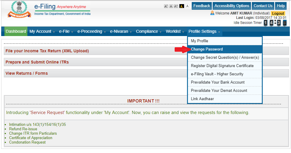 Reset Income Tax efiling Password - Profile Settings