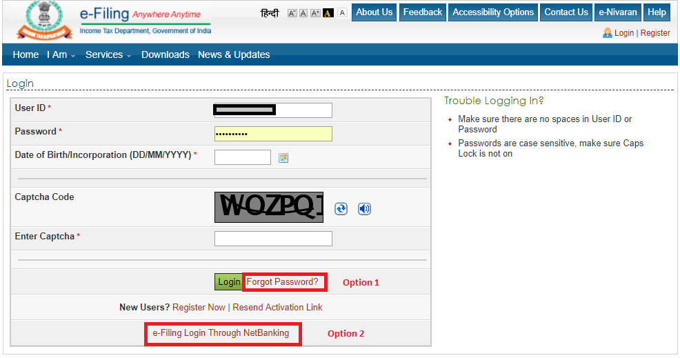 Reset Income Tax efiling Password - Screen 1