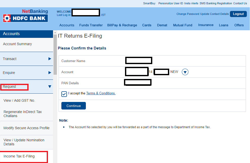 Reset Income Tax efiling Password through HDFC Bank Netbanking