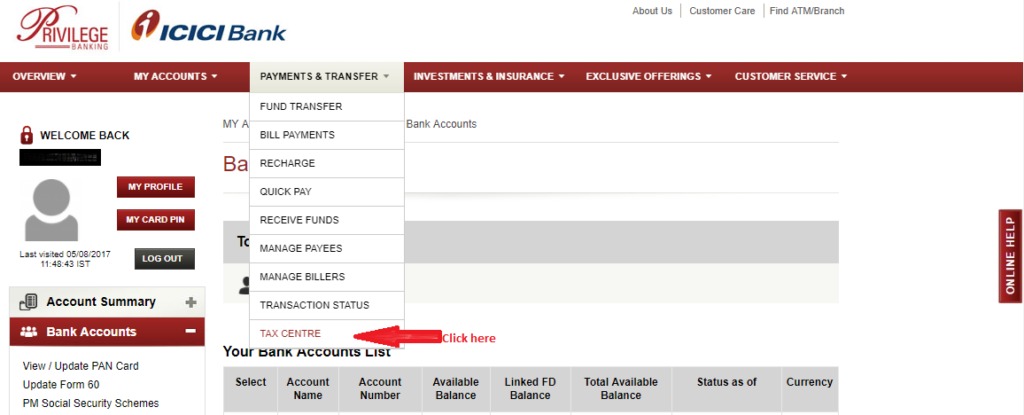 Reset Income Tax efiling Password through ICICI Bank Netbanking