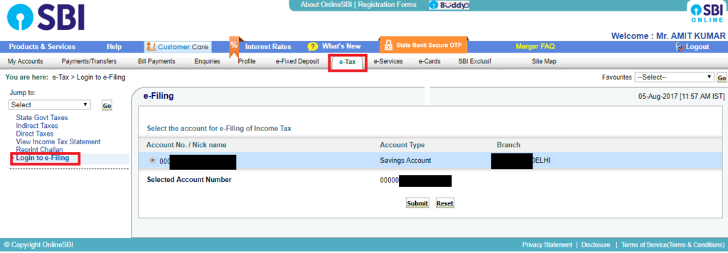 Reset Income Tax efiling Password through SBI Bank Netbanking