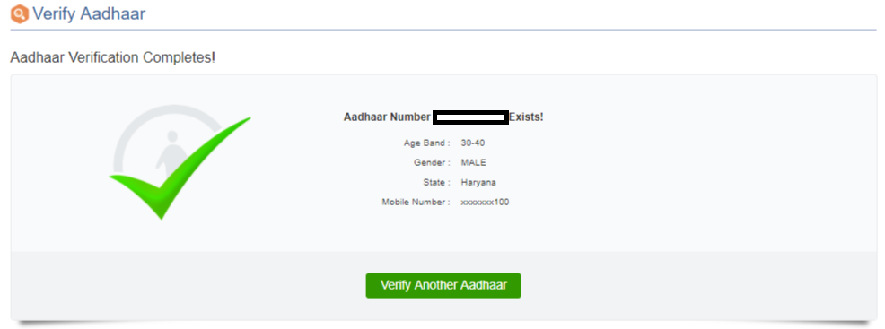 Screen in case the Aadhaar Number is Valid or Active