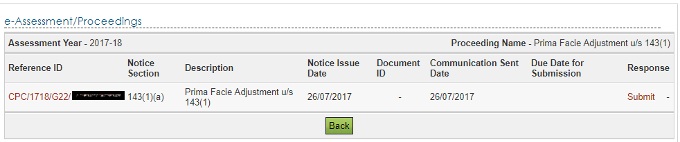 e-Assessment Proceedings Response for Section 143(1) - Screen 1